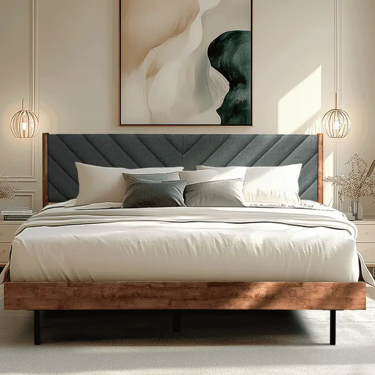 Upholstered Solid Wood Bed Frame - Acacia Astoria - Elegant Bedroom - Walnut / King - Megsu