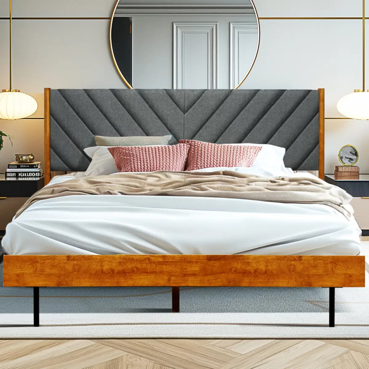 Upholstered Solid Wood Bed Frame - Acacia Astoria - Elegant Bedroom - Caramel / King - Megsu