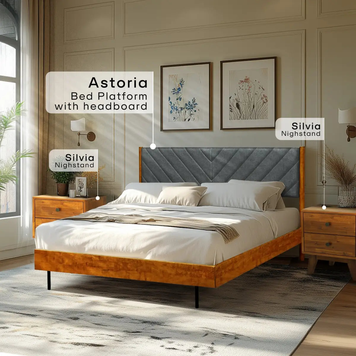 Upholstered Solid Wood Bed Frame - Acacia Astoria - Elegant Bedroom - Megsu