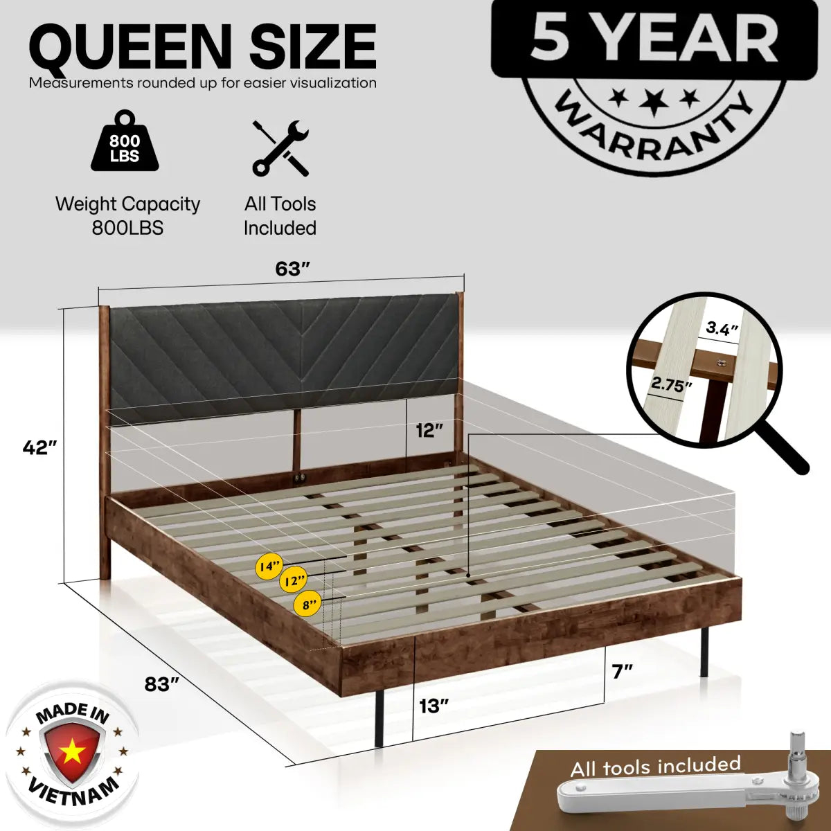 Upholstered Solid Wood Bed Frame - Acacia Astoria - Elegant Bedroom - Megsu