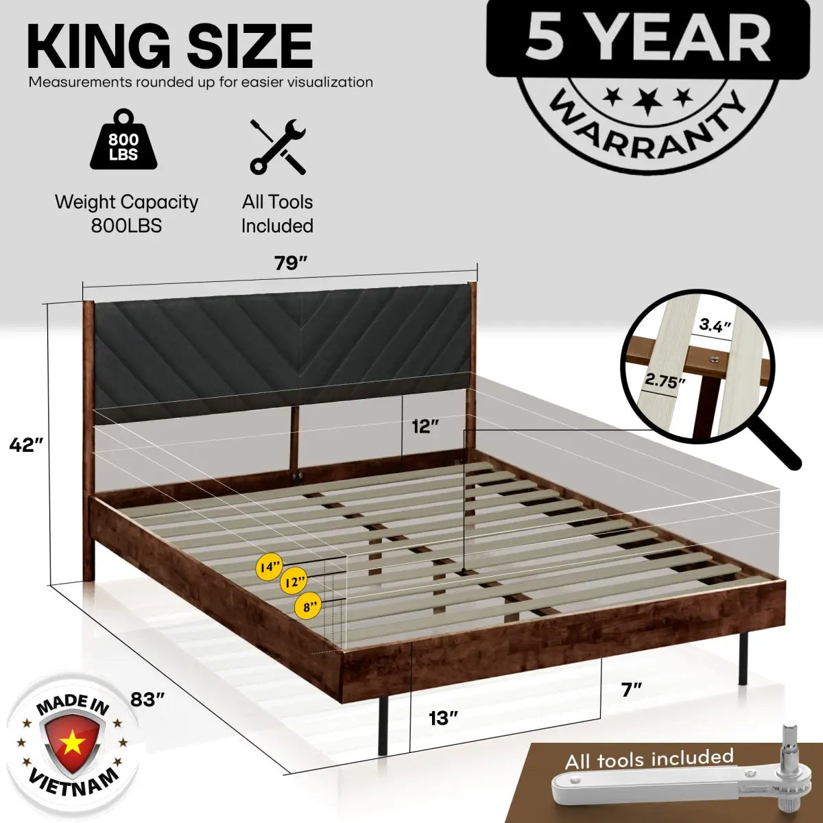 Upholstered Solid Wood Bed Frame - Acacia Astoria - Elegant Bedroom - Megsu