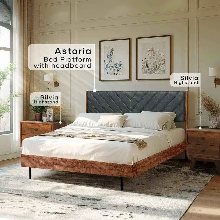 Upholstered Solid Wood Bed Frame - Acacia Astoria - Elegant Bedroom - Megsu
