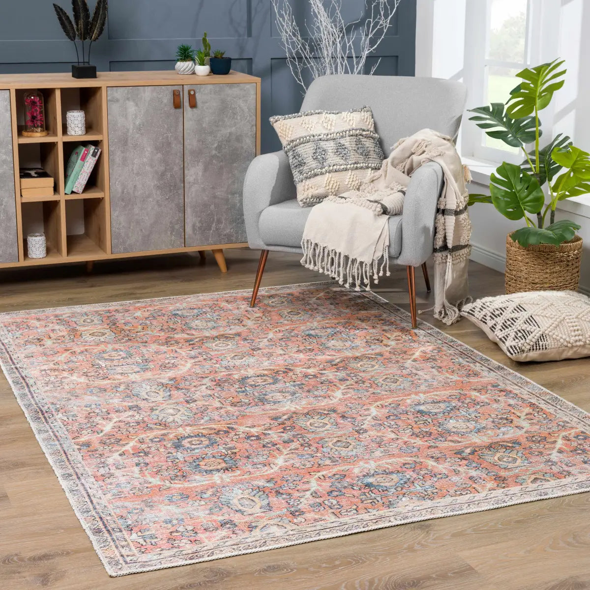 Urpi Rose & Blue Washable Area Rug - Boutique Rugs
