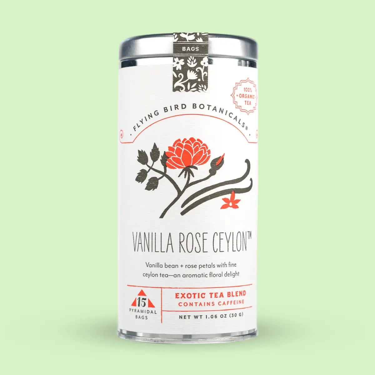 Organic Tea - Vanilla Rose Ceylon – 15 Tea Bag Tin - Flying Bird Botanicals