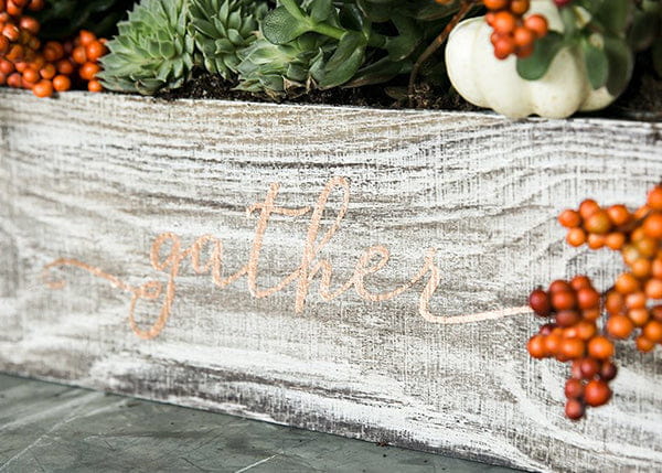Rustic white Venetian plaster planter box with gather in copper script