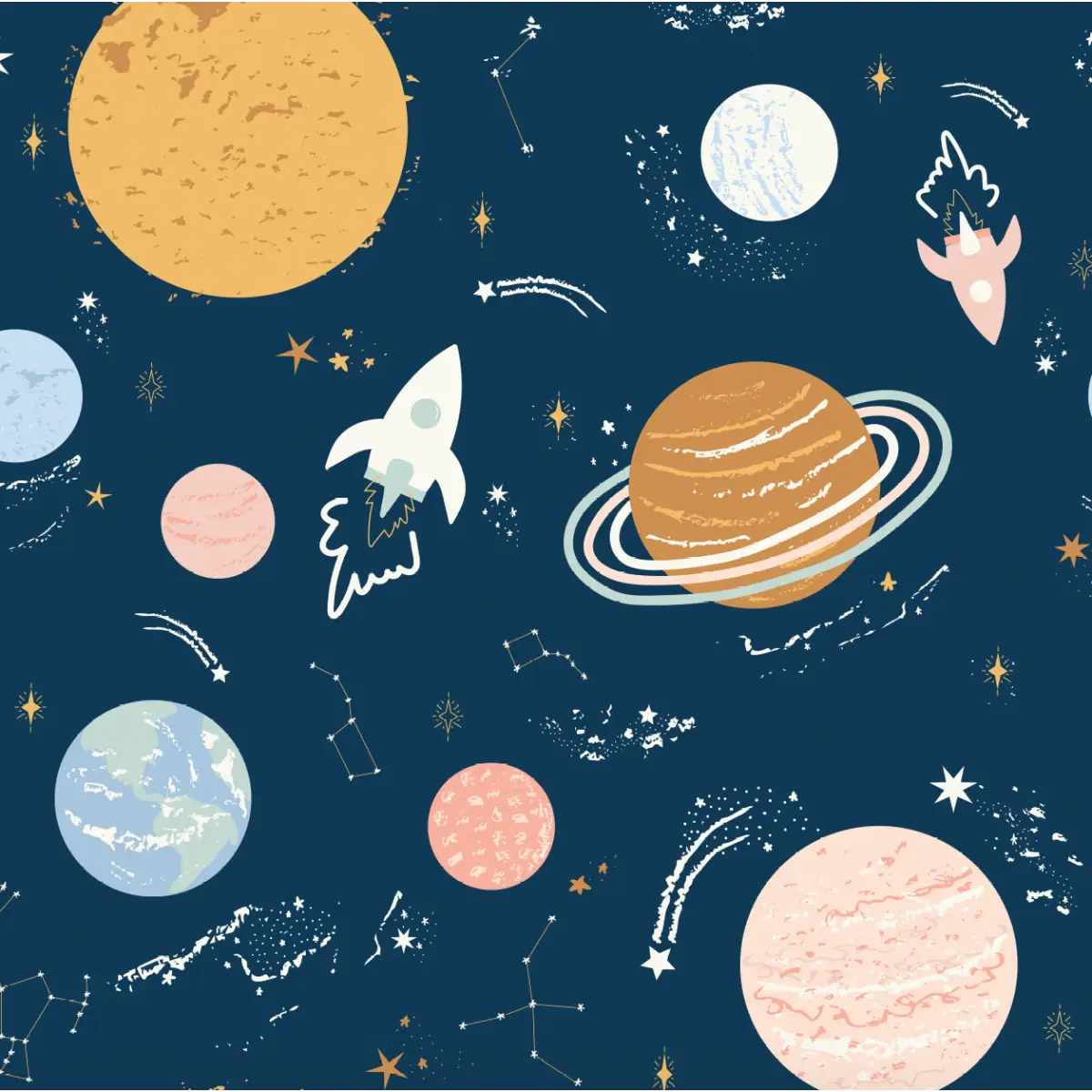 Venus Wallpaper - Planets in Space for Kids - by Antonela Fulir - Sample 1 foot by 1 foot / Navy - Loomwell Home Goods
