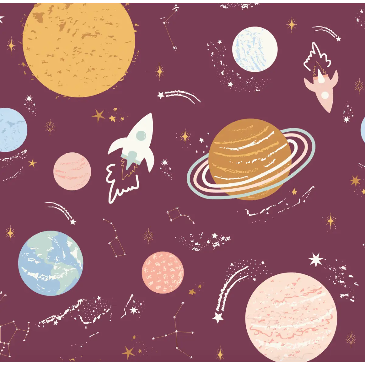 Venus Wallpaper - Planets in Space for Kids - by Antonela Fulir - Sample 1 foot by 1 foot / Plum - Loomwell Home Goods