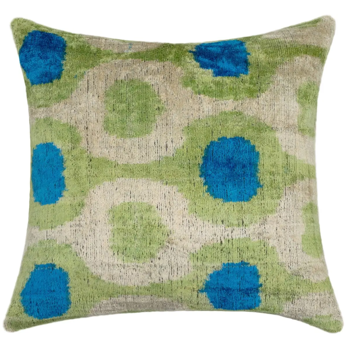 Vibrant 16x16 Handmade Ikat Silk Velvet Pillow with Premium Down Feather Insert by Canvello – Lively Green and Blue