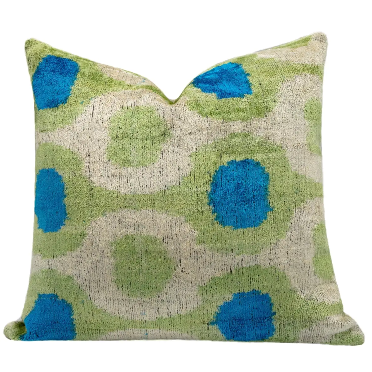 Vibrant 16x16 Handmade Ikat Silk Velvet Pillow with Premium Down Feather Insert by Canvello – Lively Green and Blue