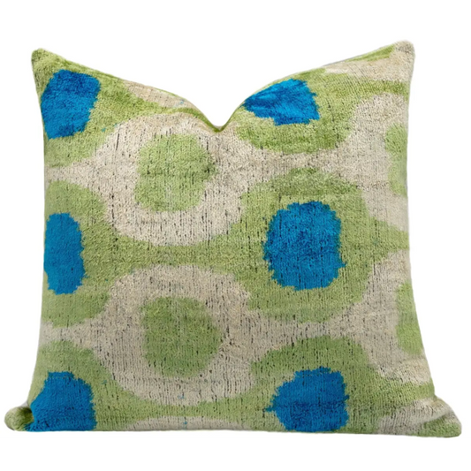 Vibrant 16x16 Handmade Ikat Silk Velvet Pillow with Premium Down Feather Insert by Canvello – Lively Green and Blue