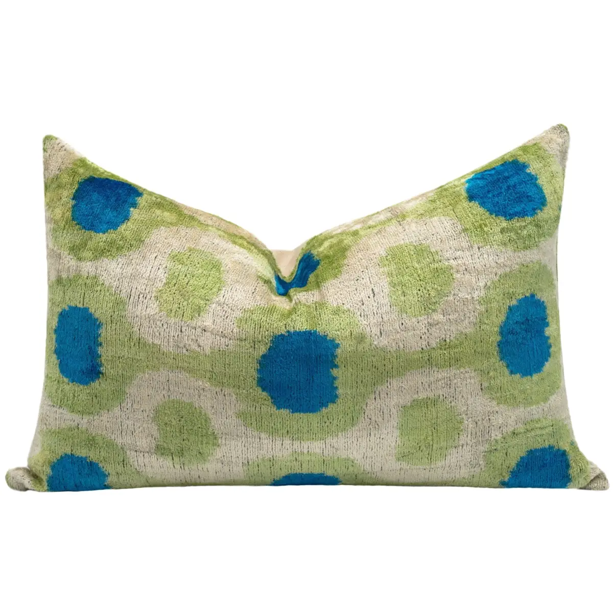 Vibrant 16x24 Handmade Ikat Silk Velvet Pillow with Premium Down Feather Insert by Canvello – Lively Green and Blue