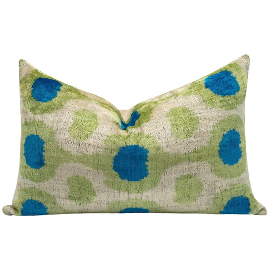 Vibrant 16x24 Handmade Ikat Silk Velvet Pillow with Premium Down Feather Insert by Canvello – Lively Green and Blue