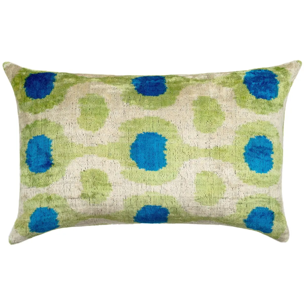 Vibrant 16x24 Handmade Ikat Silk Velvet Pillow with Premium Down Feather Insert by Canvello – Lively Green and Blue