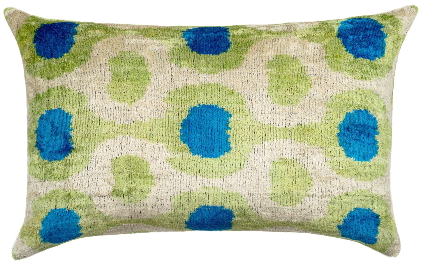 Coussin en velours de soie Ikat fait main de 16 x 24 pouces avec insert en plumes de qualité supérieure par Canvello – Teintes vertes et bleues vives 