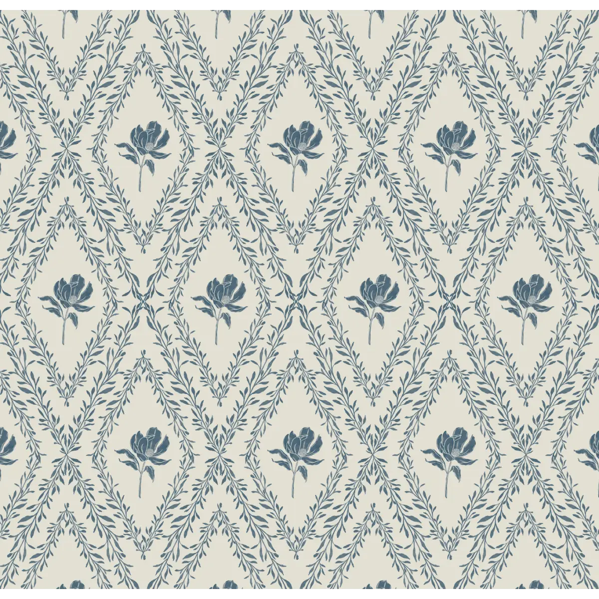 Violet Wallpaper - Magnolias in Diamond Trellis - by Taddy Mikelaites - Sample 1 foot by 1 foot / Cream and Blue