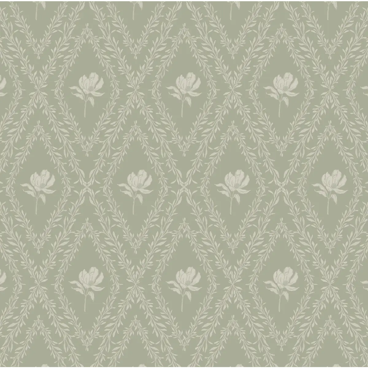 Violet Wallpaper - Magnolias in Diamond Trellis - by Taddy Mikelaites - Sample 1 foot by 1 foot / Sage - Loomwell Home