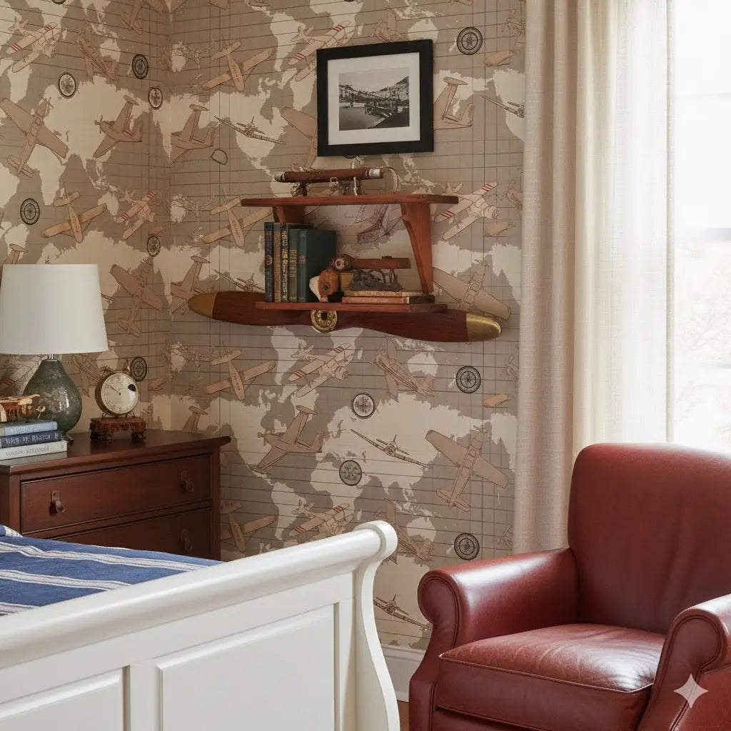 Walker Wallpaper - Airplanes on World Map - by Cinnamon Clouds - Loomwell Home Goods