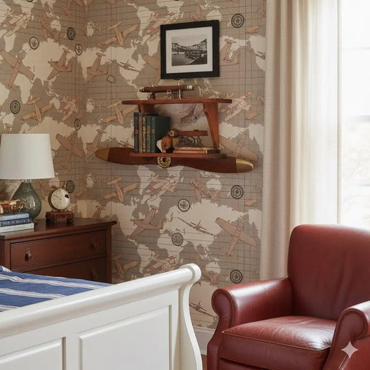 Walker Wallpaper - Airplanes on World Map - by Cinnamon Clouds - Loomwell Home Goods