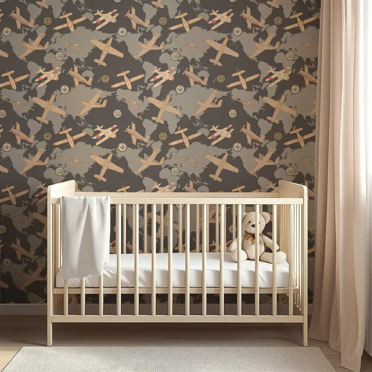 Walker Wallpaper - Airplanes on World Map - by Cinnamon Clouds - Loomwell Home Goods