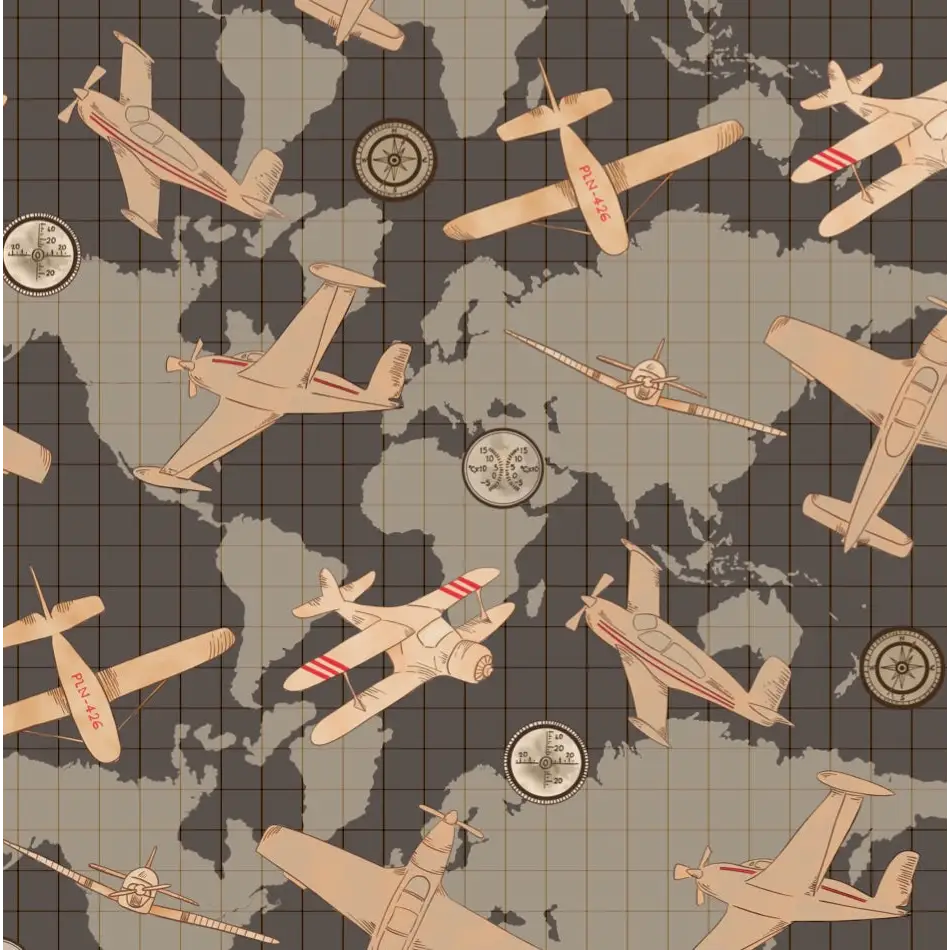 Walker Wallpaper - Airplanes on World Map - by Cinnamon Clouds - Sample 1 foot by 1 foot / Charcoal - Loomwell Home