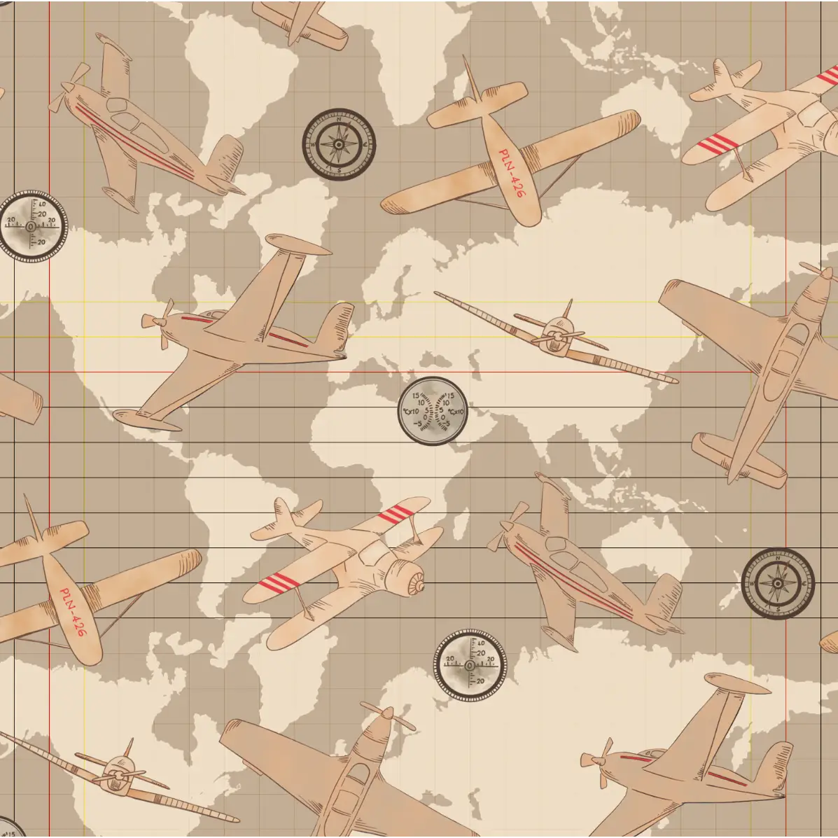 Walker Wallpaper - Airplanes on World Map - by Cinnamon Clouds - Sample 1 foot by 1 foot / Khaki - Loomwell Home Goods