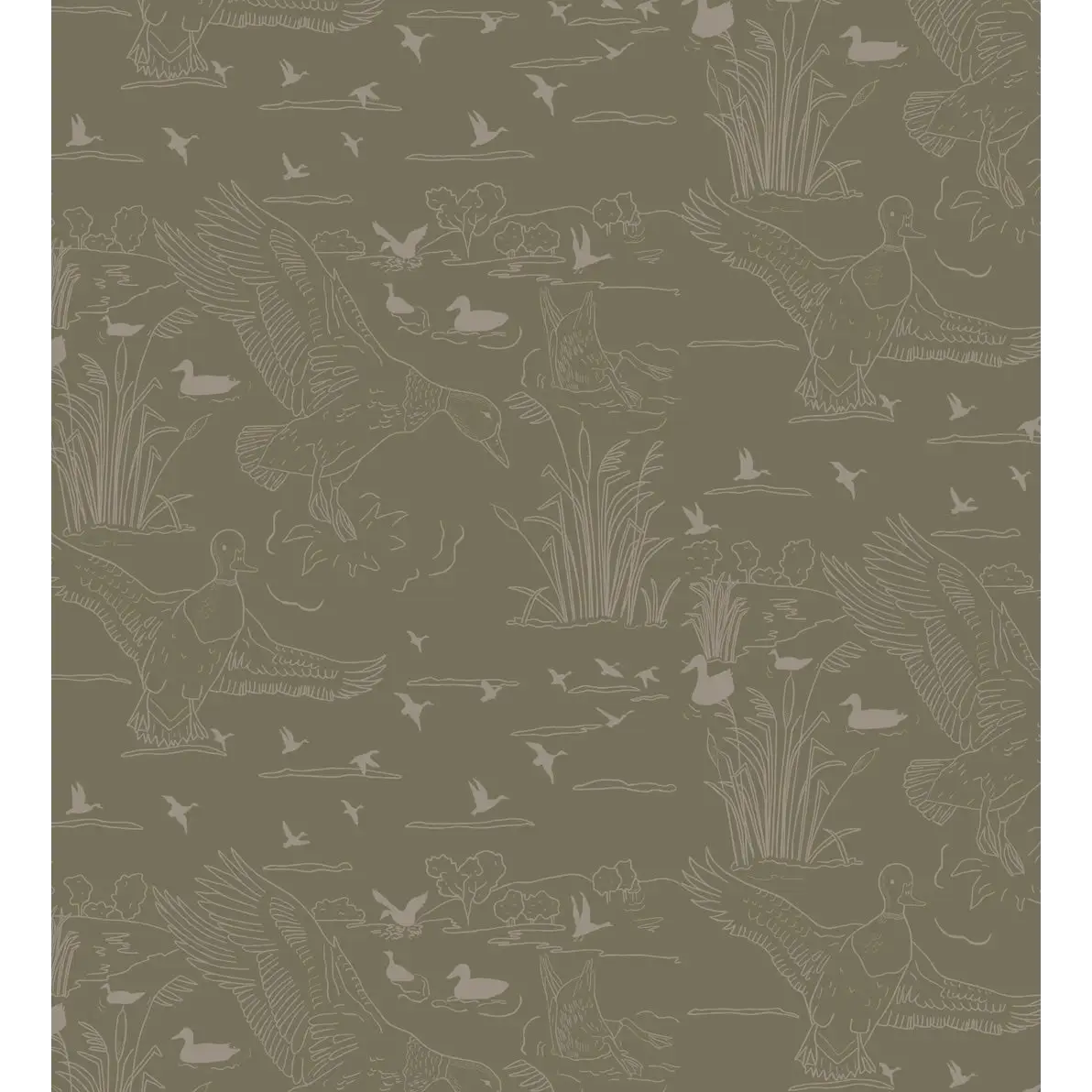 Wallace Wallpaper - Ducks Line Drawings - by Painted Hawk Design - Sample 1 foot by 1 foot / Olive - Loomwell Home Goods