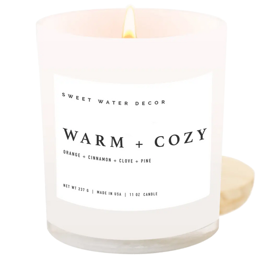 Warm and Cozy Soy Candle - White Jar - 11 oz - Sweet Water Decor