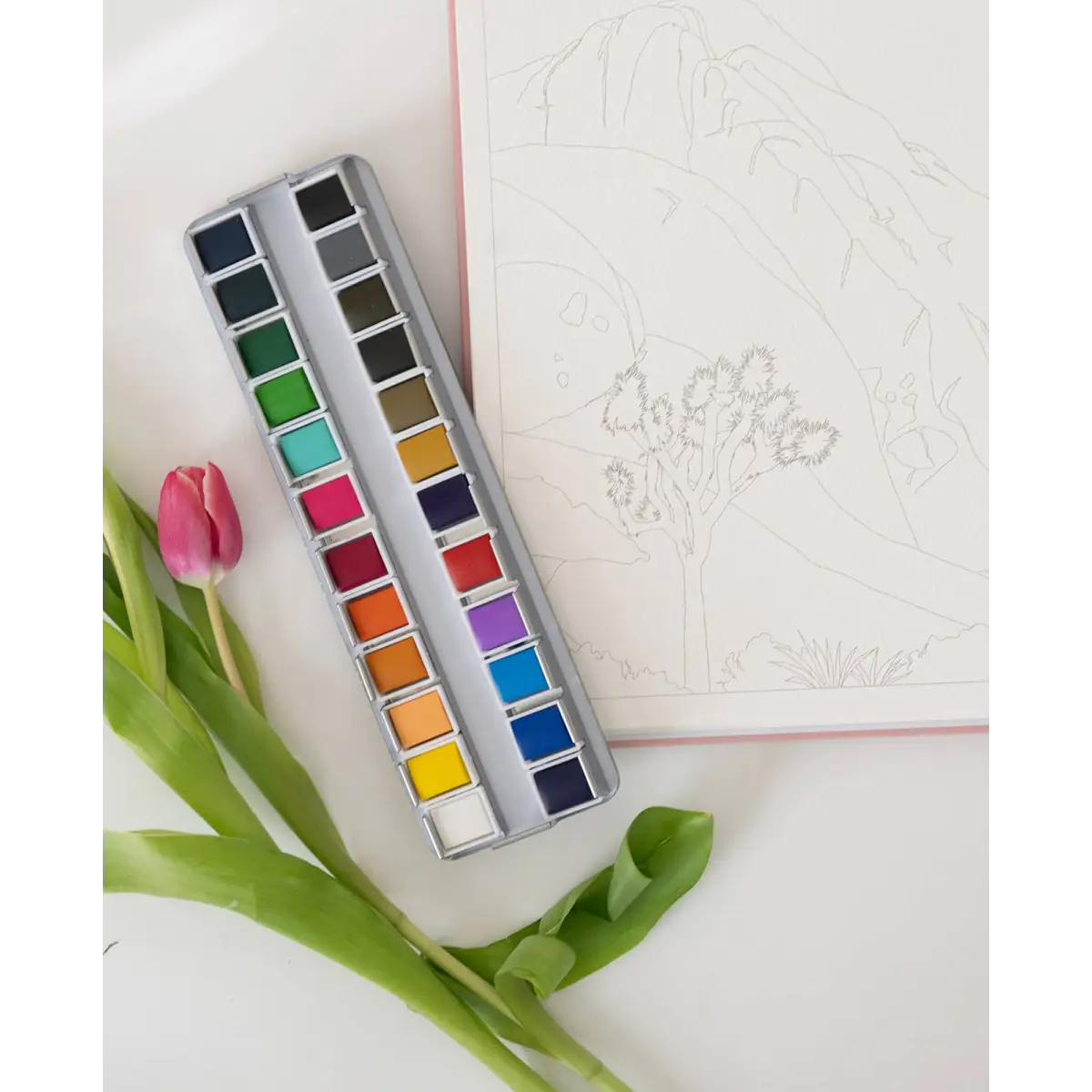 Watercolor Paint Palette - 24 Color Tin with Brush - Bailey Rae Studio