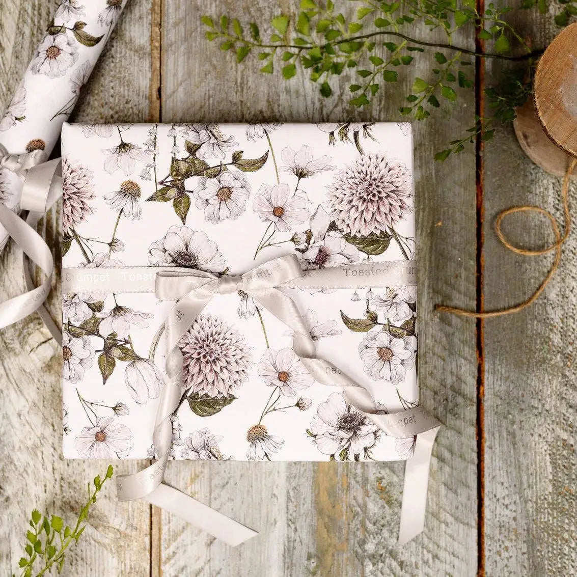 White Floral Gift Wrap - Set of 3 Sheets - Toasted Crumpet (US Duties Paid)