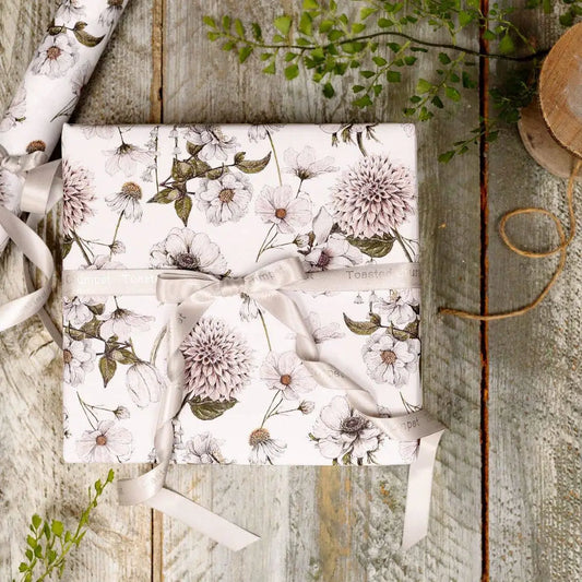 White Floral Gift Wrap - Set of 3 Sheets - Toasted Crumpet (US Duties Paid)