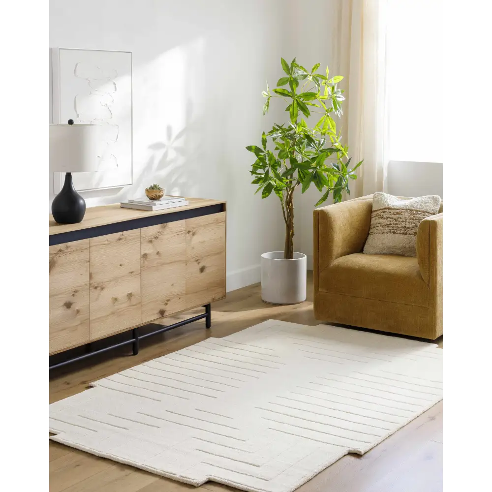 White Modern Geometric Wool Area Rug - 5’ x 7’6’’ Rectangle - Boutique Rugs