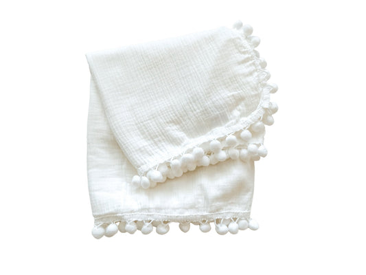 White Pom Muslin Swaddle Blanket - Harp Angel Boutique