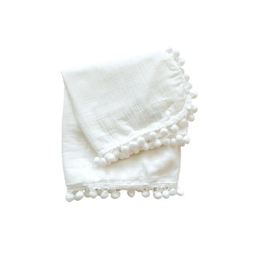 White Pom Muslin Swaddle Blanket - Harp Angel Boutique