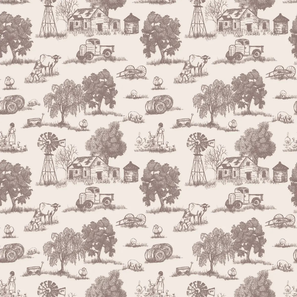 Winona Wallpaper - Farm Toile - Line Drawings by Hannah Langford Design - Sample 1 foot by 1 foot / Cream and Brown