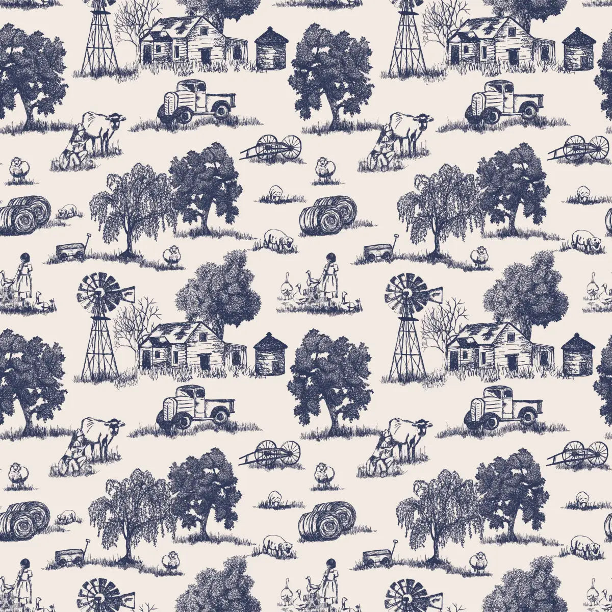 Winona Wallpaper - Farm Toile - Line Drawings by Hannah Langford Design - Sample 1 foot by 1 foot / Cream and Navy