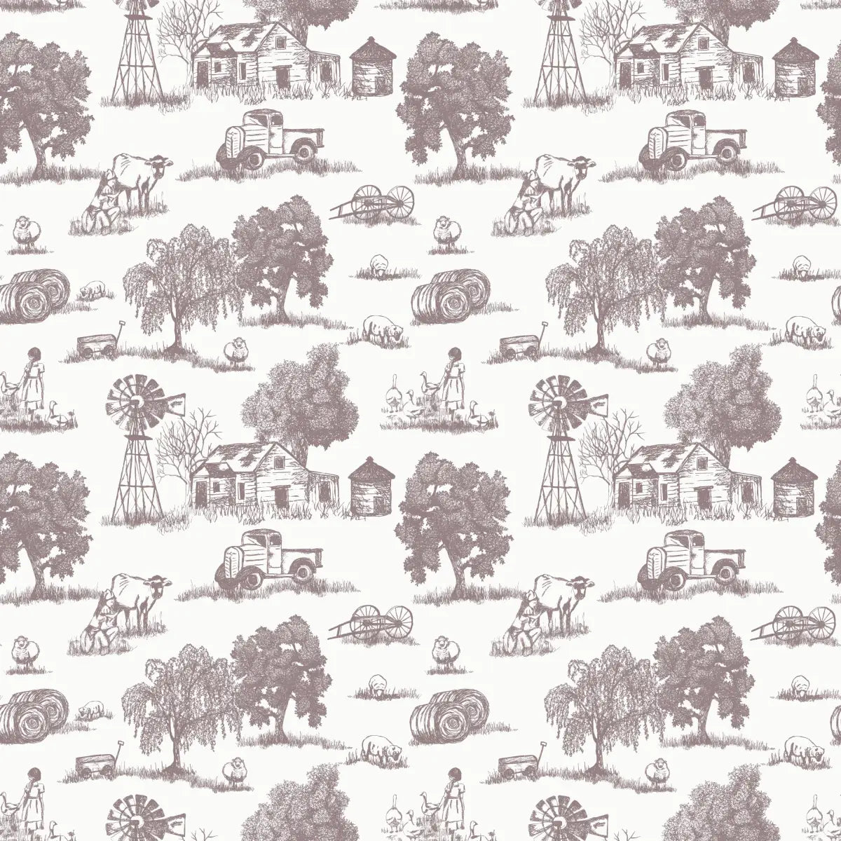 Winona Wallpaper - Farm Toile - Line Drawings by Hannah Langford Design - Sample 1 foot by 1 foot / Dark Neutral