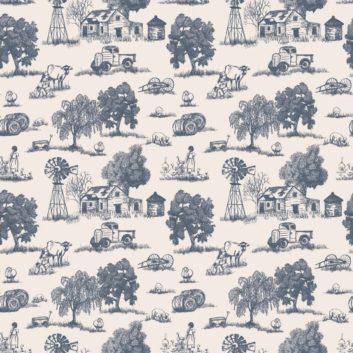 Winona Wallpaper - Farm Toile - Line Drawings by Hannah Langford Design - Sample 1 foot by 1 foot / Dusty Blue