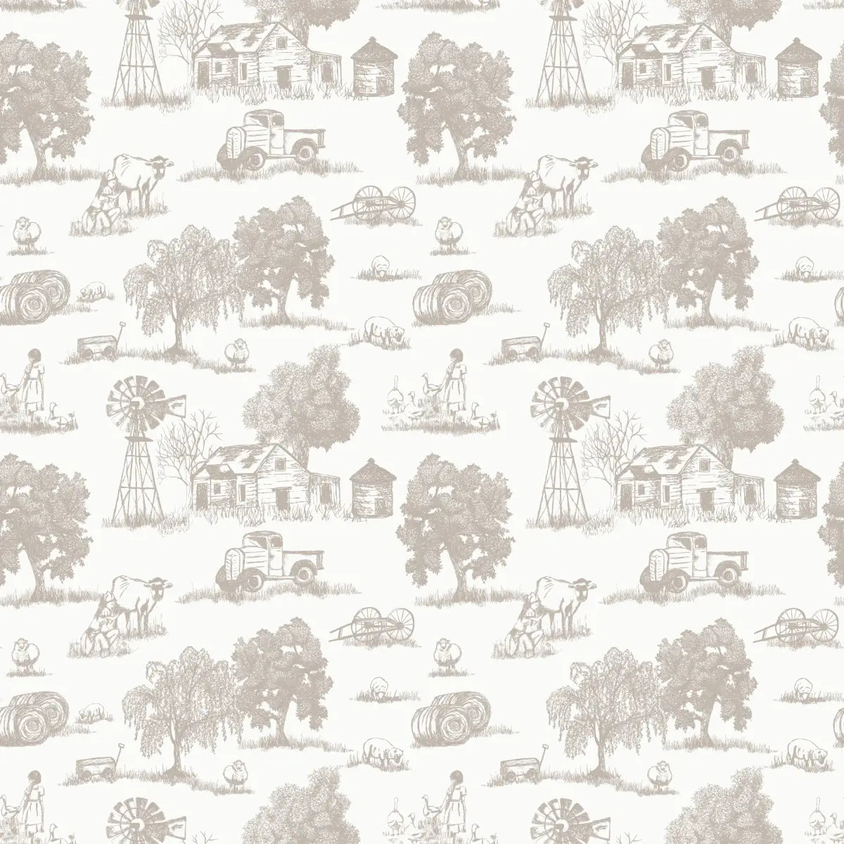 Winona Wallpaper - Farm Toile - Line Drawings by Hannah Langford Design - Sample 1 foot by 1 foot / Light Neutral
