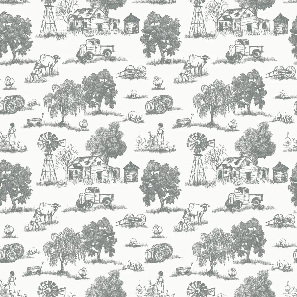 Winona Wallpaper - Farm Toile - Line Drawings by Hannah Langford Design - Sample 1 foot by 1 foot / Sage - Loomwell