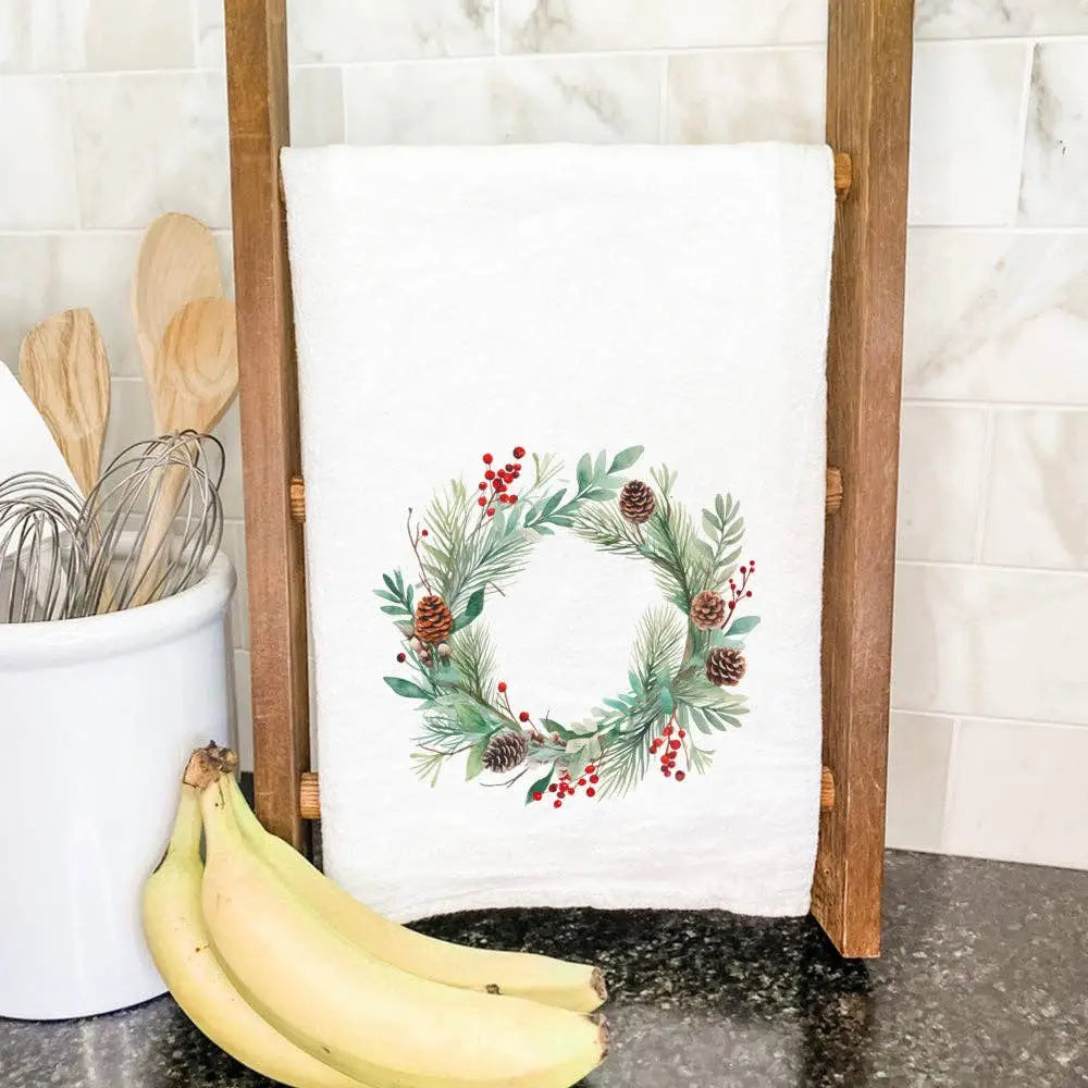 Christmas Tea Towel - Winter Wreath - Alton Illinois - Indigo Tangerine