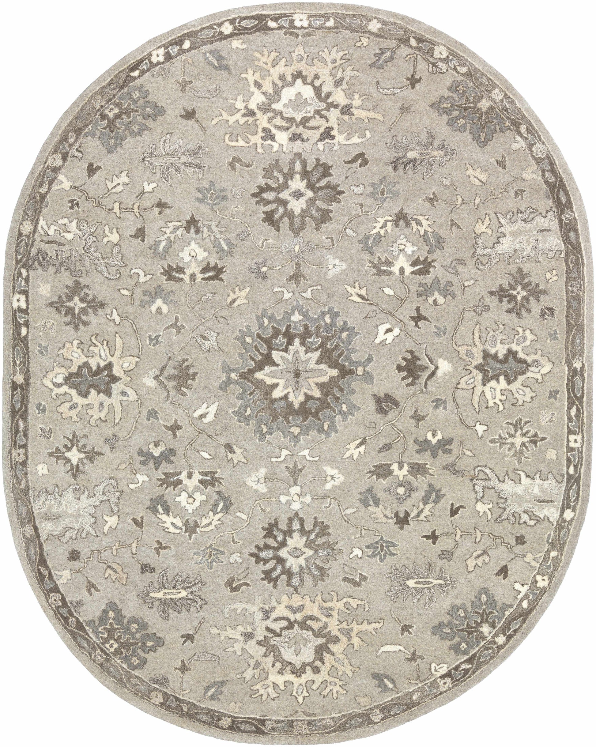 Gray Beige Traditional Thick Wool Rug - 8’ x 10’ Oval - Boutique Rugs