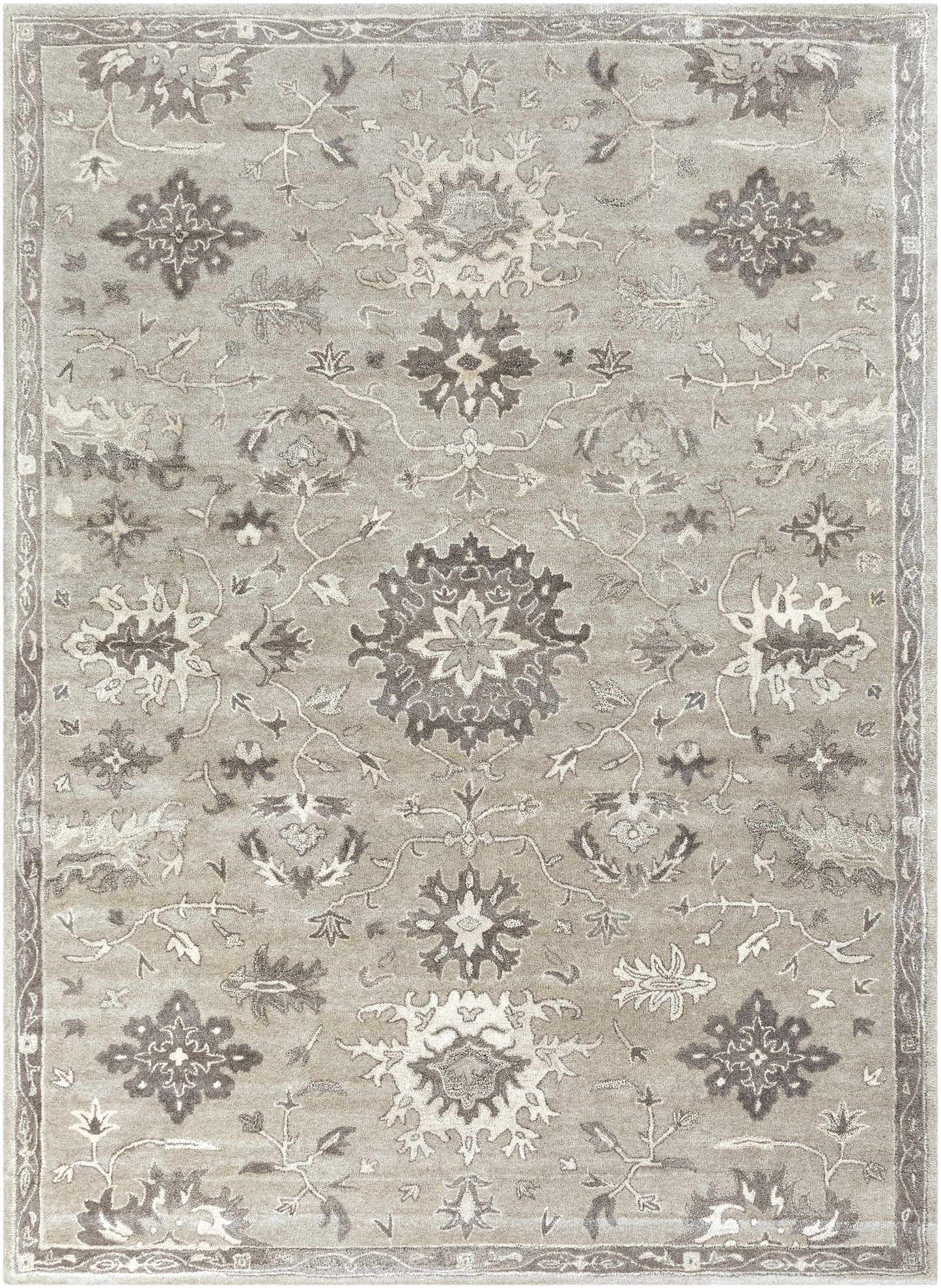 Gray Beige Traditional Thick Wool Rug - 8’ x 11’ Rectangle - Boutique Rugs