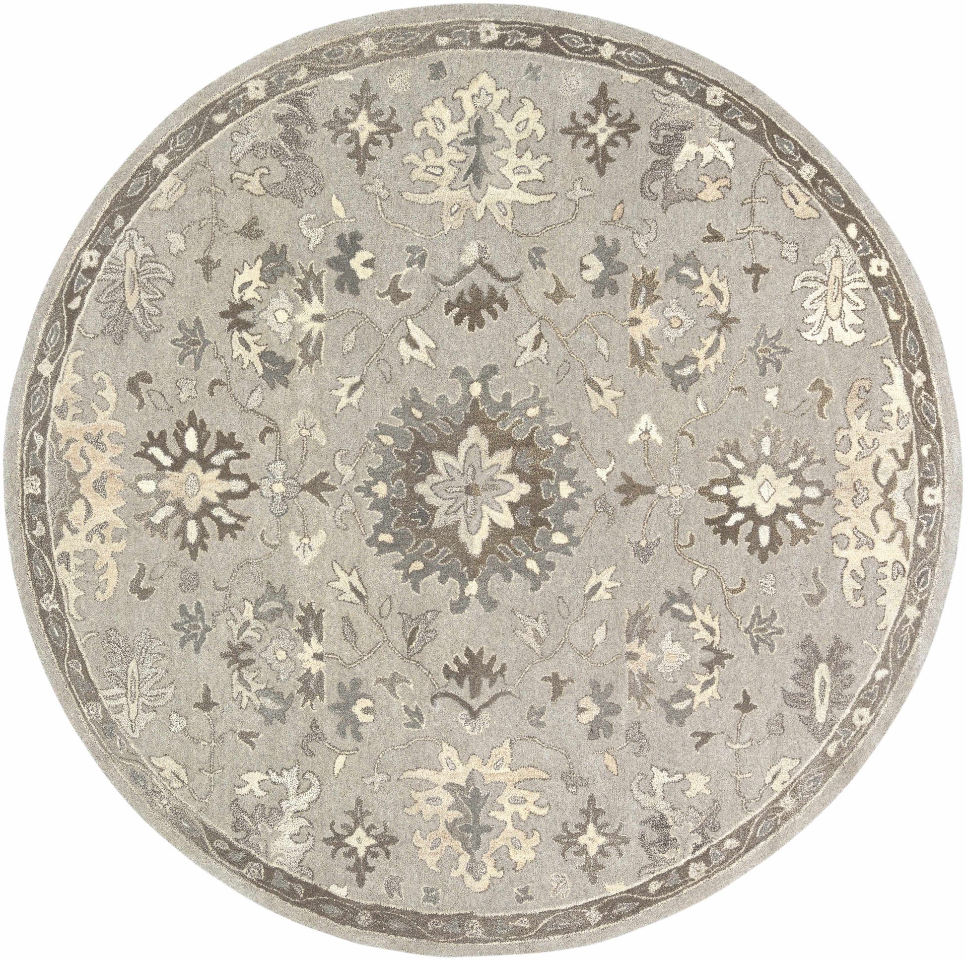 Gray Beige Traditional Thick Wool Rug - 8’ Round - Boutique Rugs