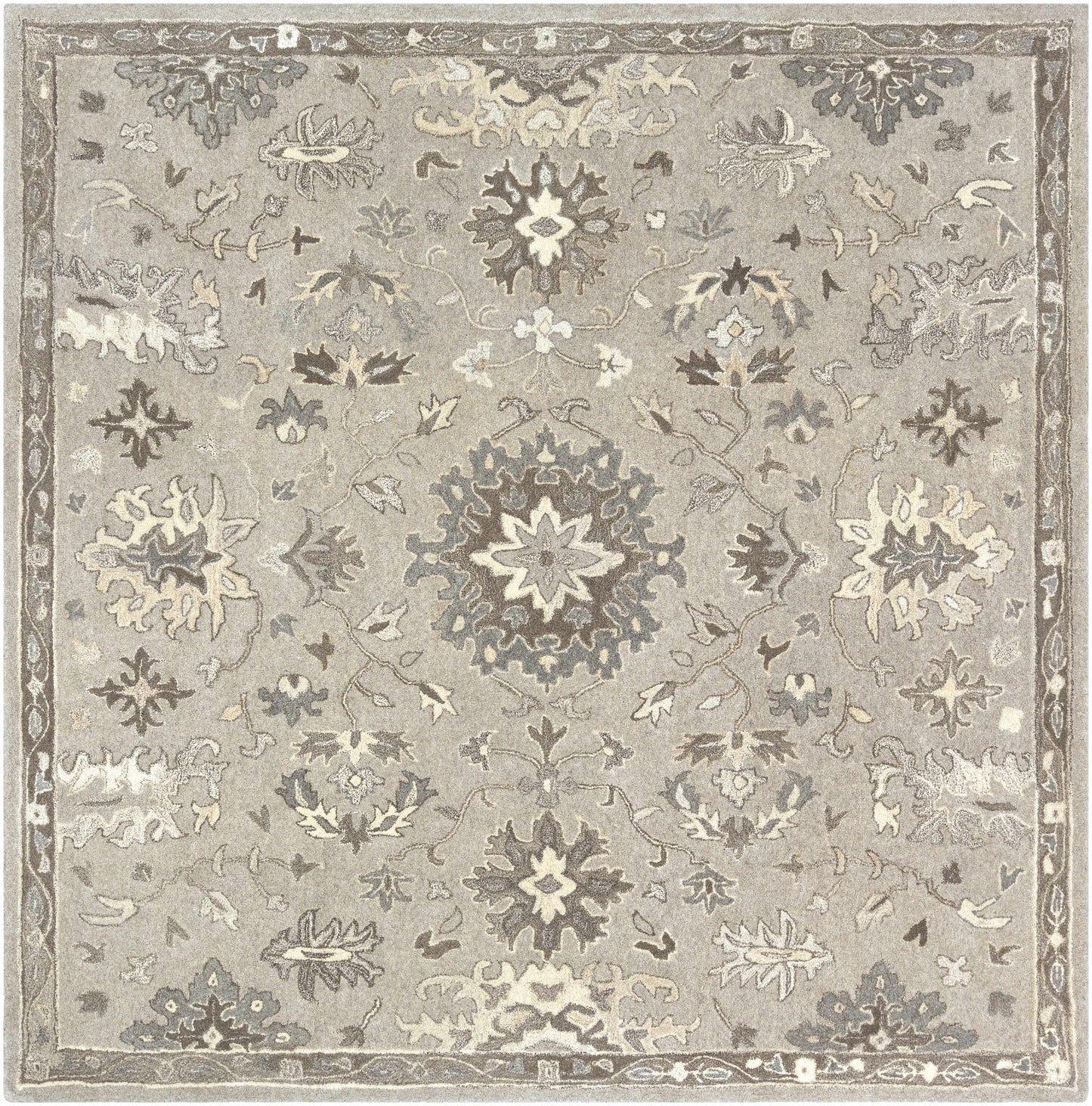Gray Beige Traditional Thick Wool Rug - 8’ Square - Boutique Rugs