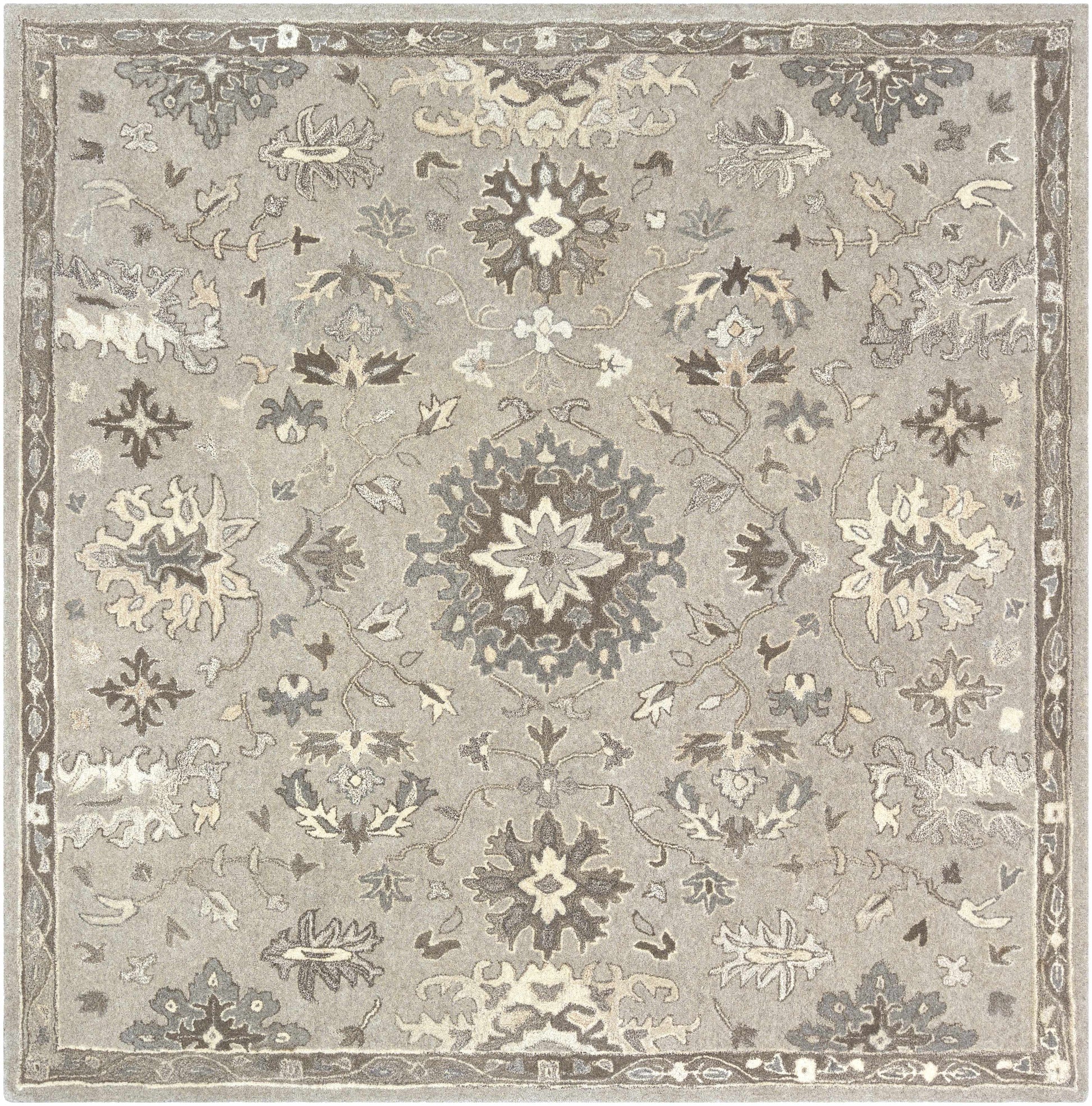 Gray Beige Traditional Thick Wool Rug - 8’ Square - Boutique Rugs