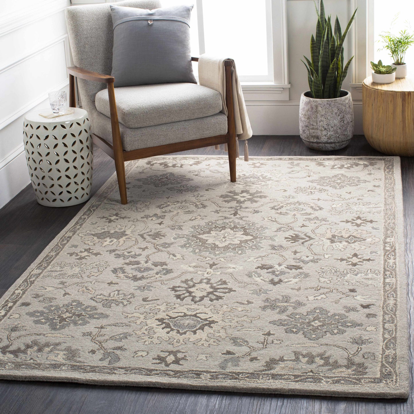 Gray Beige Traditional Thick Wool Rug - Boutique Rugs