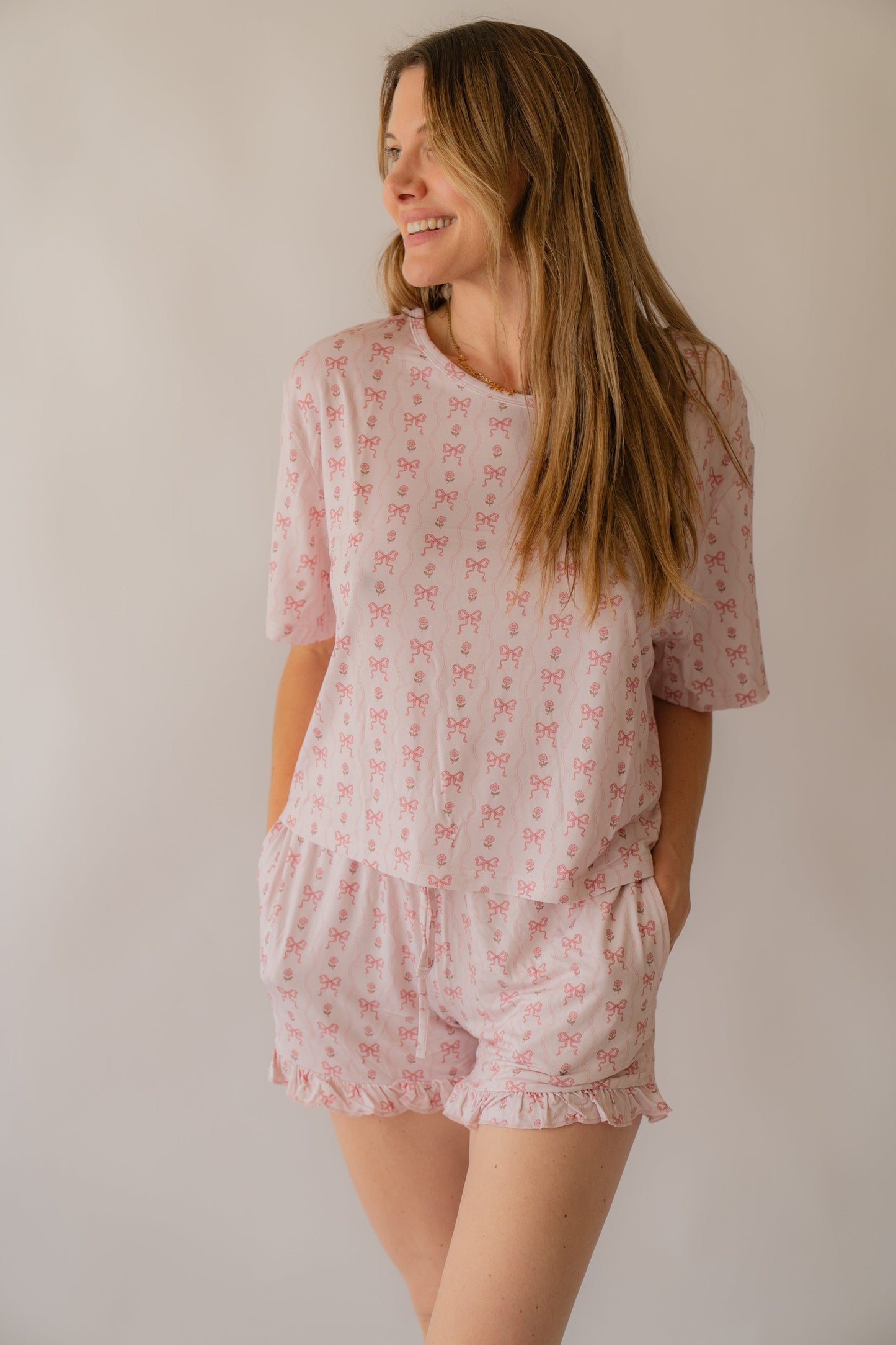 Women's Bamboo Pajama Shorts Set - Pink Bows