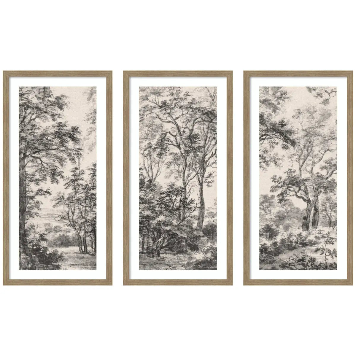 Framed Art Print Set of 3 - Wooded Landscape after 1648 Antonie Waterloo Linen Panel - Woodgrain Stripe Mocha