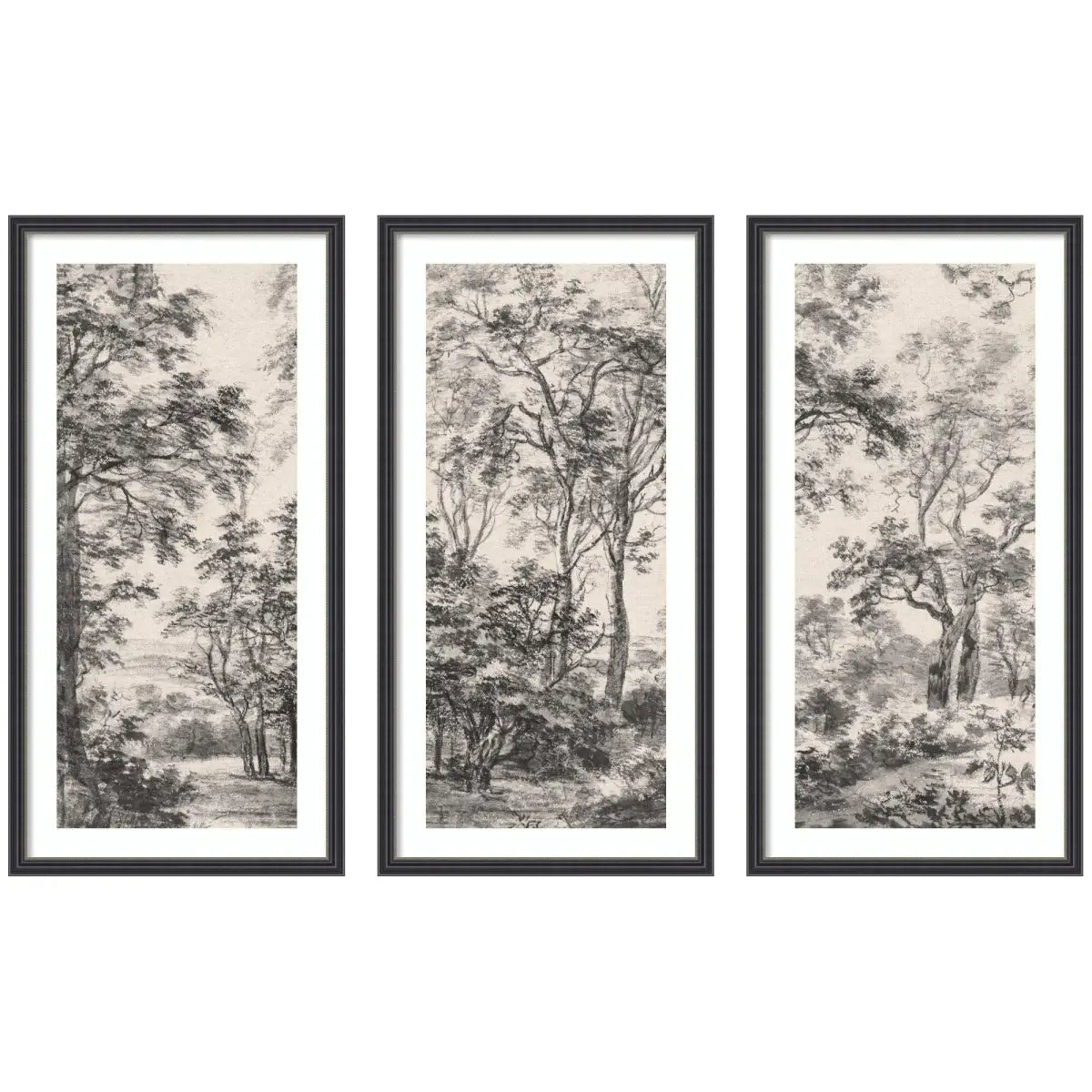 Framed Art Print Set of 3 - Wooded Landscape after 1648 Antonie Waterloo Linen Panel - Stylish Black - kateandlaurel
