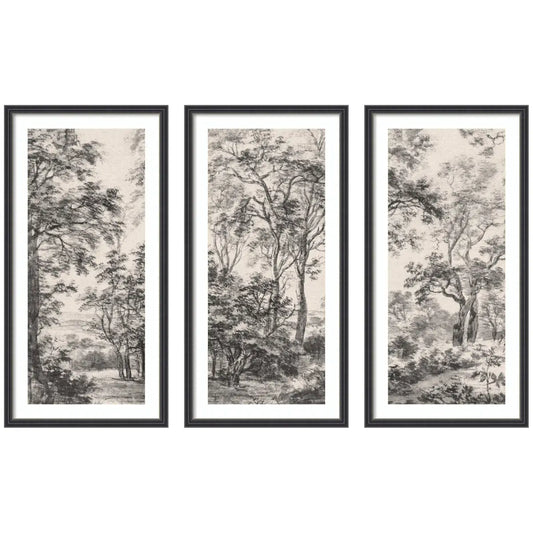 Framed Art Print Set of 3 - Wooded Landscape after 1648 Antonie Waterloo Linen Panel - Stylish Black - kateandlaurel